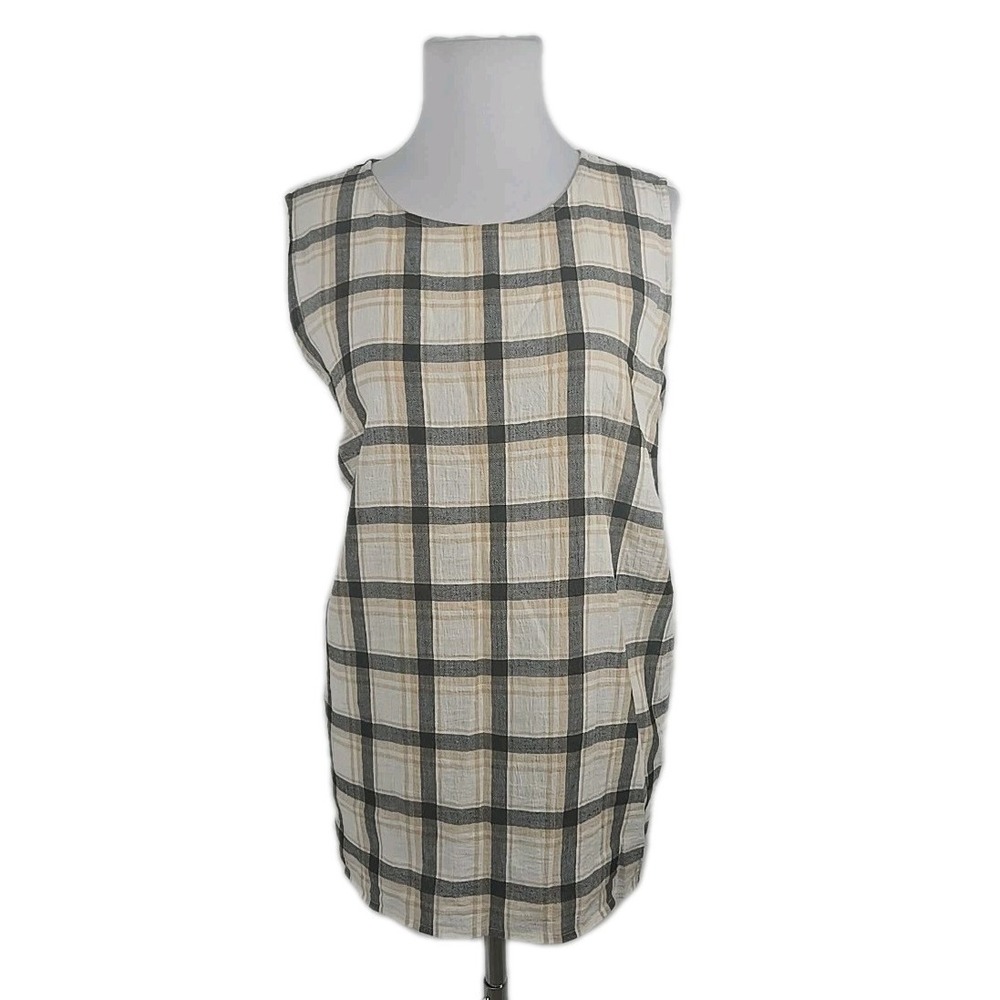 J.Jill Women's Large Sleeveless Woven Cotton Plaid Split Back Panel Top Blouse L